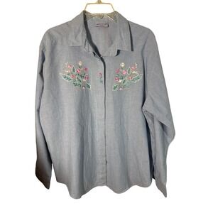 80's Lisa Dale Vintage Embroidered Floral Chambray Button Up Shirt Blue XL USA